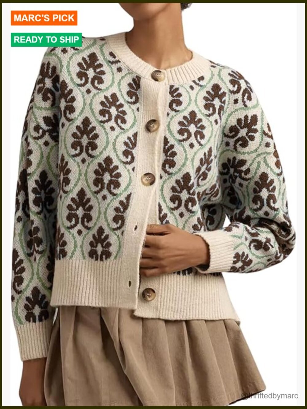 Vintage Floral Cardigan Crew Neck Long Sleeve Button Down Knit Sweater